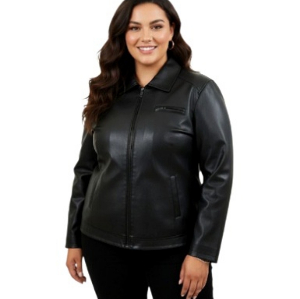 Weatherproof Black Faux Leather Moto Jacket Zip Front Plus Size 1X-2X 18/20